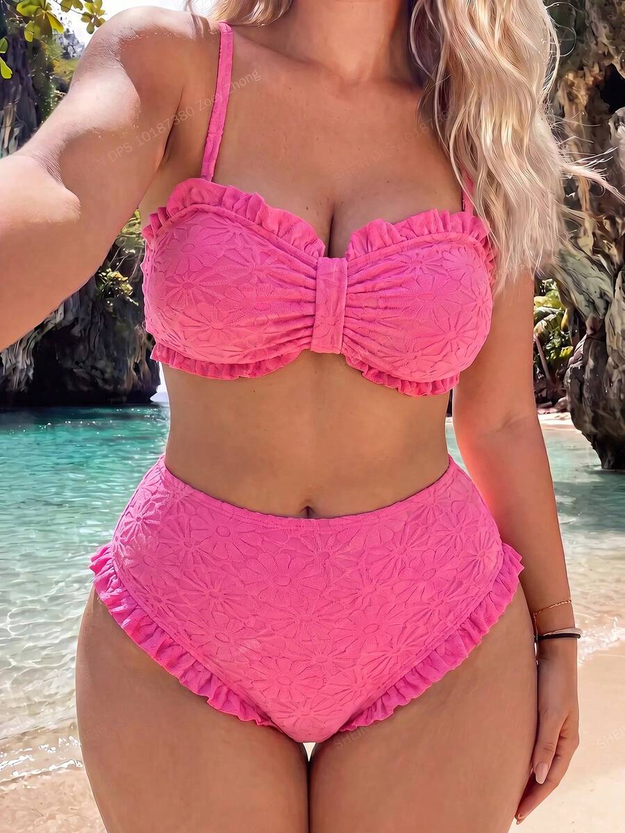 SHEIN Swim 大尺碼女款 2 件式隨機布料休閒泳裝套裝 - 玫紅色 - 查看 1