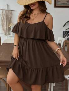 SHEIN VCAY Vestido de mujer talla grande unicolor vacaciones patchwork volantes hombros descubiertos - Café integral - Ver 3