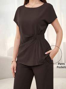 Amorya Damen einfarbiges Rundhals Kurzarm Top und Hosentaschen Lässig 2-teiliges Set - Kaffeebraun - Übersicht 5