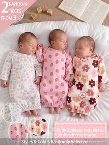 [2pcs Randomly Sent]Newborn Pink Multi-Color Strawberry & Colorful Floral Pattern Long Sleeve Pajamas 2pcs Set - Multicolor - View 1