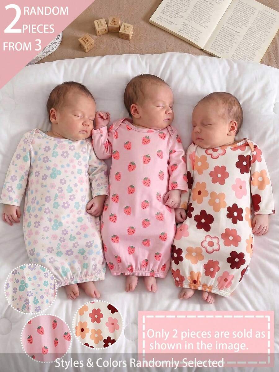 [2pcs Randomly Sent]Newborn Pink Multi-Color Strawberry & Colorful Floral Pattern Long Sleeve Pajamas 2pcs Set - Multicolor - View 1