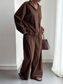 DAZY Women's Fashion Versatile Zipper Long Sleeve Shirt And Pocket Pants 2 Pieces Set Lounge Sets For Women - Brown - View 13