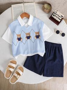 SHEIN Little Byeori 3件套儿童/青少年/女孩可爱小熊印花蓝色无袖背心、白色短袖衬衫和藏蓝色短裤套装，适合春夏季节日常穿着、上学、户外活动和运动。 - 藍色 - 查看 6