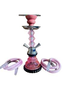 1pc Small 2 Hose Hookah Set – Glass Base Ceramic Bowl Shisha Pipe, Portable Outdoor Party Gift For Friends - Pink - View 5