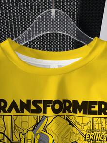 Transformers X SHEIN Young Boy Letter Print Short Sleeve T-Shirt And Shorts Set Evergreen - White - View 3