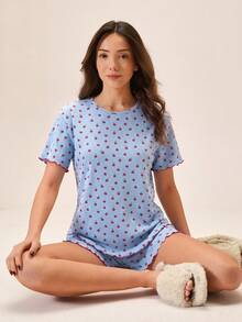 SHEIN مجموعة بيجامة كاجوال للسيدات مكونة من قطعتين (توب وشورت) من القطن المحبوك بتفاصيل غرزة ذات لون متباين مع طباعة الفراولة، ياقة دائرية وأكمام قصيرة، لون أزرق، للراحة المنزلية - الأزرق - مشاهدة 7