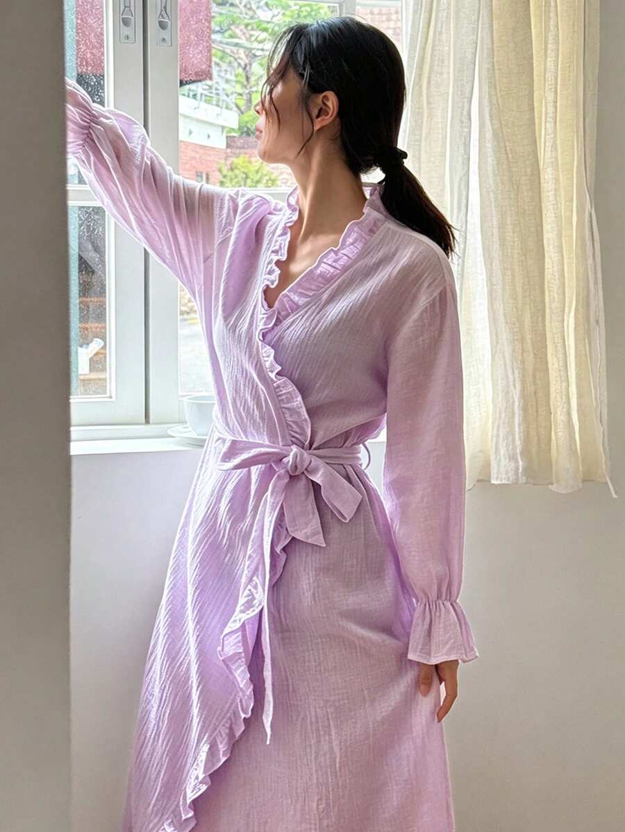 DAZY Romantic Ruffle Trim Long Robe Loungewear For Women - Mauve Purple - View 1