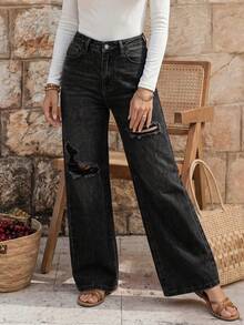 EMERY ROSE Jeans casuales de pierna recta lavados con detalles desgastados - Negro - Ver 1