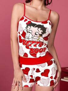 Betty Boop x SHEIN Women's White Camisole Top & Shorts Two Pieces Set, Workout Sets, Red Two Pieces Set, Heart Pattern, Polka Dot Pattern, Retro Girl Pattern, Cartoon, And Casual, Versatile, Daily, Summer - Red - View 3