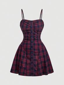 SHEIN MOD 女款格紋百褶休閒日常夏季迷你細肩帶洋裝 - 酒紅色 - 查看 3