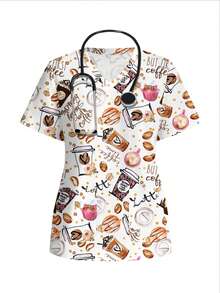 PopScrub Casual Minimalist Scrub Scrub Uniform Top, Coffee & Milk Tea Print Pattern, Suitable For Work Commute, Pet Hospital - Multicolor - View 1