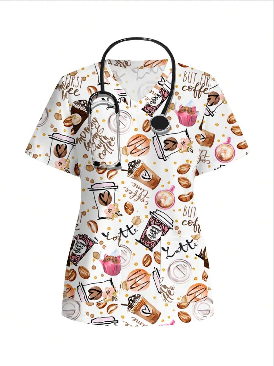 PopScrub Casual Minimalist Scrub Scrub Uniform Top, Coffee & Milk Tea Print Pattern, Suitable For Work Commute, Pet Hospital - Multicolor - View 1