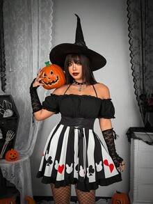 Whyspr Halloween Grunge Punk Plus Size Women's Lace-Up Design Colorblock Sexy Date Dress - Black and White - View 5