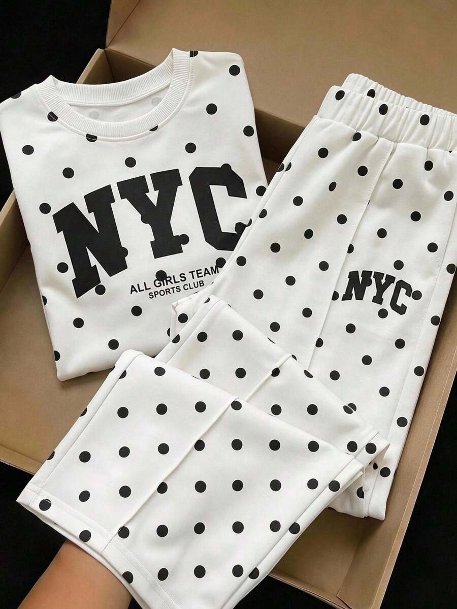 SHEIN Kids Young Girl Casual Heart Print Knit Solid Color Loose Drop Shoulder Long Sleeve Autumn Sweatshirt & Pleated Wide Leg Sweatpants Set - Black and White - View 1