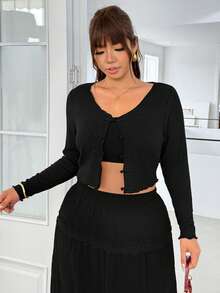 GalTyme Camiseta corta de talla grande casual versátil de unicolor con botones de rana - Negro - Ver 4