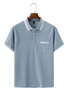 Manfinity Homme Kemeja Polo Lengan Pendek Kasual Pria Ukuran Besar dengan Desain Blok Warna untuk Perjalanan Sehari-hari - Dusty Blue - View 3