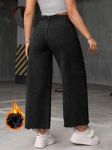 Jeanoix Plus Size Casual Traditional Versatile Baggy Jeans With Frayed Hem Black Summer - Black - View 2