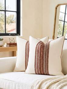 Cirelle 1件/2件四季通用中段垂直條紋拼接抱枕套，正方形靠墊套，含滾邊設計，中性鄉村農舍波西米亞風家居裝飾，適用於沙發、臥室、窗台、民宿與網紅公寓，不含枕芯 - 亮橙色 - 查看 3