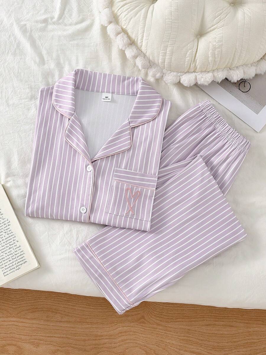 Tween Girls' Heart Embroidery Pocket Classic Striped Open Front Lapel Short Sleeve Long Pants Casual Loungewear Set - Multicolor - View 1