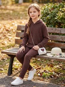 Girls' Knit Ribbed Hooded Asymmetrical Hem T-Shirt & Leggings 2 Pieces Set - Brown - View 3