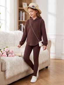 Girls' Knit Ribbed Hooded Asymmetrical Hem T-Shirt & Leggings 2 Pieces Set - Brown - View 4