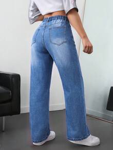 SHEIN EZwear 大尺碼女款休閒工裝傳統口袋直筒牛仔褲 正式夜店畢業季淺藍色秋季 - 中等水洗藍 - 查看 2