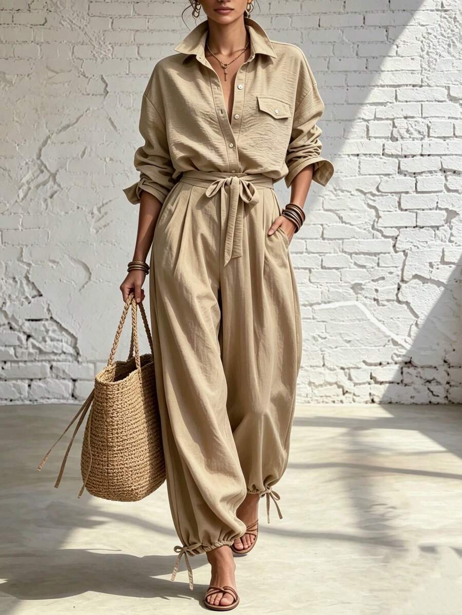 Breezaya Autumn Women's Clothing, Casual Suit, Business Suit, Khaki A-Line Shirt And Wide-Leg Ankle Trouser Set, Vacation, Fashion, Brunch OutfitSet - Khaki - View 1