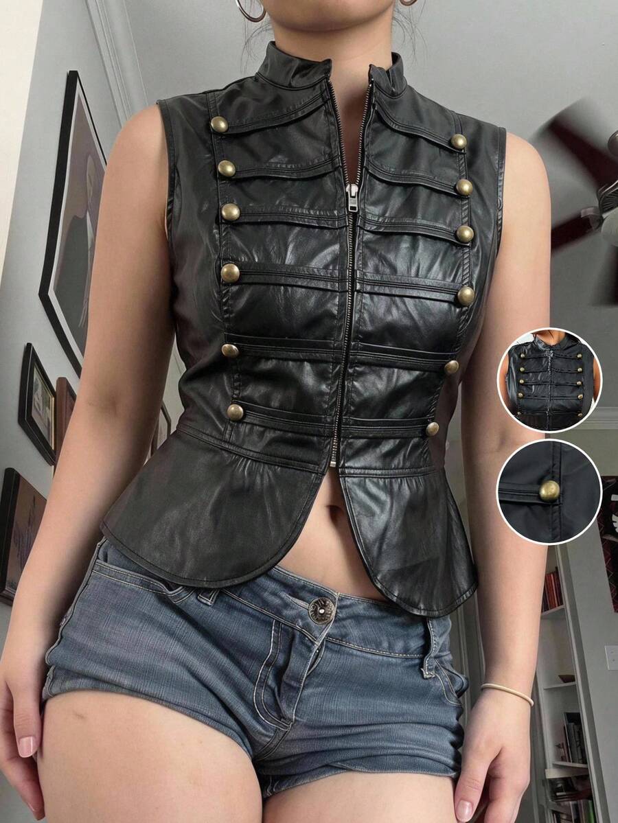 SHEIN EZwear 大尺碼女款純色PU皮革拉鍊鈕扣前開襟背心外套 黑色 秋冬哥德風 雞尾酒會風 - 黑色 - 查看 1