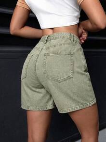 SHEIN PETITE 女士休闲日常口袋纽扣牛仔短裤 - 綠色 - 查看 2
