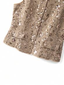 GlowEve CURVE Plus Size 2 Pieces Set Sleeveless Sequin Button Vest + Pleated Maxi Skirt, Waist-Defining Flared Hem, Slimming Commute & Date Outfit - Mocha Brown - View 6
