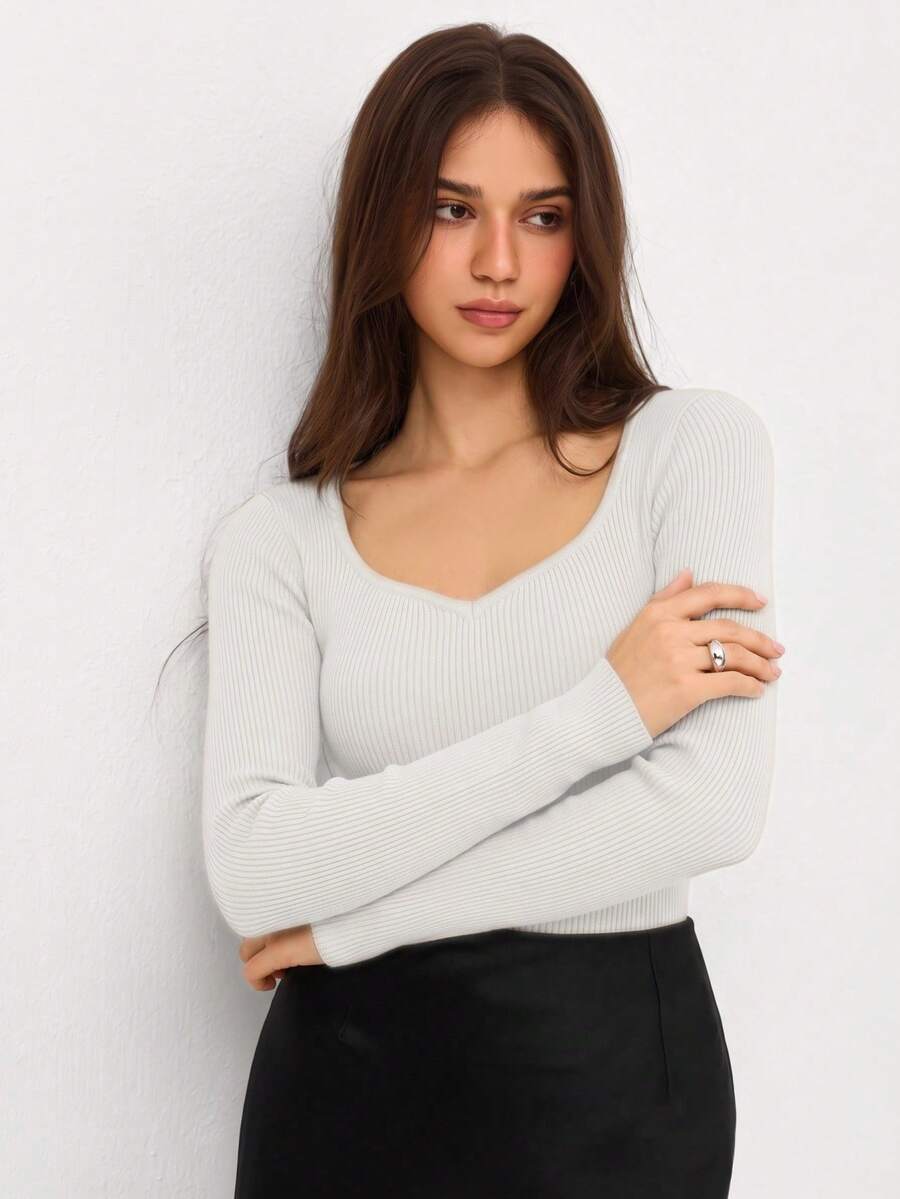 SHEIN Orluneo 女士休闲纯色罗纹针织修身长袖毛衣,秋冬 - 杏色 - 查看 1