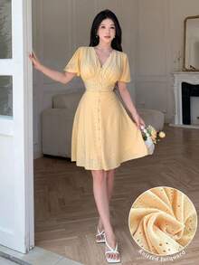 Modelyn Women's French Style Summer New Knit Jacquard Petal V-Neck Puff Lantern Sleeve Short Sleeve Waist-Cinched Umbrella Skirt Short Dress Vacation Date - Yellow - View 5