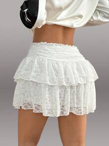 SHEIN Unity Women Lace Ruffle Ruched Skirt - White - View 2
