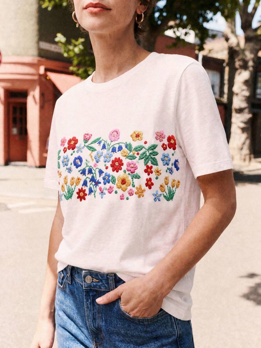 Dayvera Women's Faux Embroidery Print Casual Summer T-Shirt,Going Out Tops,White Top - White - View 1