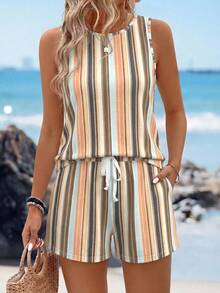 SHEIN LUNE Casual Women's Round Neck Tank Top And Shorts 2 Pieces Set Beach Beige Summer - Multicolor - View 4