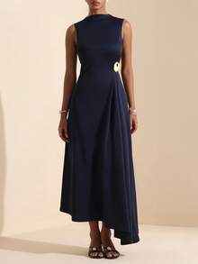 Vesra Women's Elegant Sleeveless Dress With Stand Collar, One-Side Ruched Ring Buckle Decor And Flared Draped Hem - Navy Blue - View 4