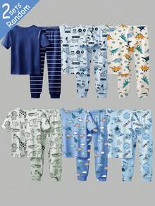 SHEIN 【6件套，随机发货2件套】男童睡衣，春夏新品，时尚热销元素恐龙、鲨鱼、汽车、直升机、交通工具图案印花，针织紧身高弹面料短袖长裤睡衣套装，2件睡衣上衣+2件睡裤（随机发货） - 彩色 - 查看 2