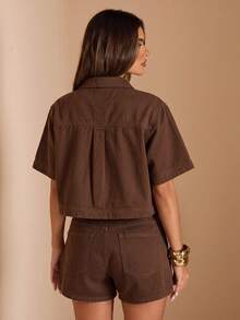 SHEIN BAE Set Atasan Wanita Lengan Pendek dengan Desain Saku Fungsional dan Rok Celana Denim - Coklat - View 2