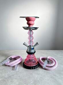 1pc Small 2 Hose Hookah Set – Glass Base Ceramic Bowl Shisha Pipe, Portable Outdoor Party Gift For Friends - Pink - View 9