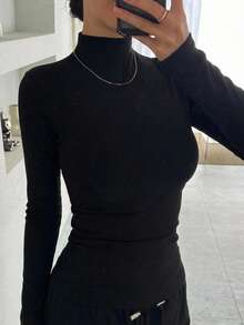 DAZY 女款高領修身長袖內搭T恤 - 黑色 - 查看 5