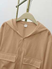 SHEIN Jaket Kasual Longgar Berkerudung untuk Remaja Perempuan, Warna Polos, Bahan Tenun, Dilengkapi Kantong, Cocok untuk Musim Gugur dan Musim Dingin. - Khaki - View 8