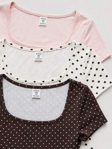 3pcs/Set Tween Girls' Casual Minimalist Polka Dot & Solid Color Square Neck Short Sleeve T-Shirts - Multicolor - View 3
