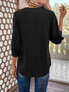 SHEIN LUNE Solid V Neck Blouse,Three Quarter Sleeve Tops,Casual - Black - View 9