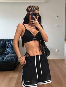 Coolane 女士春夏街头运动服透气网眼运动黑色短裤 - 黑與白 - 查看 2