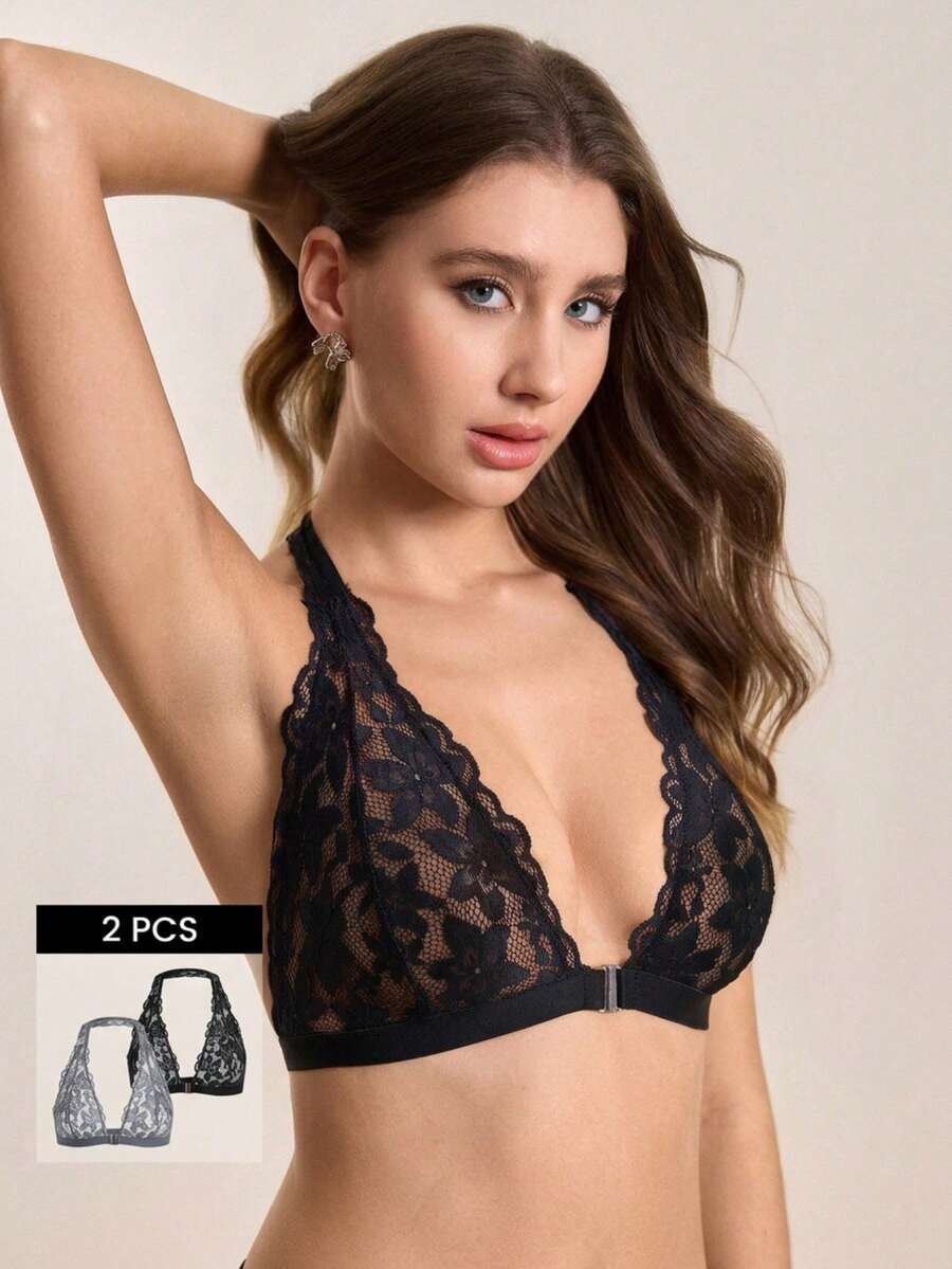 Hourtrue 2件装女士纯色性感蕾丝吊带文胸 - 彩色 - 查看 1