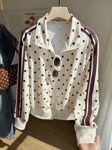 Comfortcana Plus Size Yellow Stand Collar Polka Dot Retro Sports College Sweatshirt Fall - Light Yellow - View 4