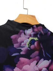 GlowEve Middle-Aged Women Spring Autumn Navy Blue Floral Pattern Elastic Mesh Long Sleeve T-Shirt Slimming Fashion Matching Casual Daily Family Birthday - Purple - View 6