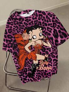 Betty Boop x SHEIN 男士豹纹圆领短袖T恤，全身印花 - 白色 - 查看 1