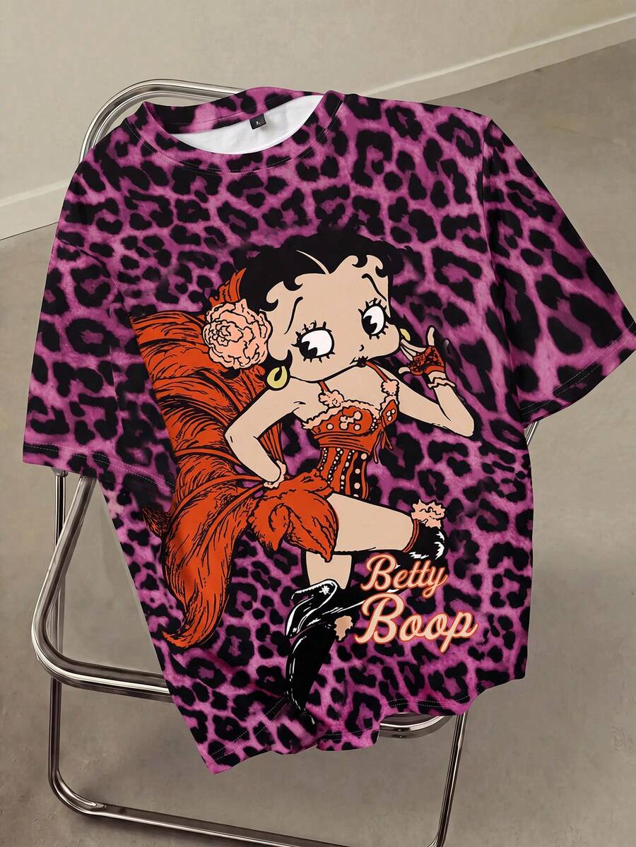 Betty Boop x SHEIN 男士豹纹圆领短袖T恤,全身印花 - 白色 - 查看 1