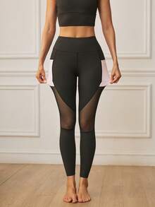 SHEIN Velisys 1pc Regular Leggings + Mesh Design/Basic Style/Black & Pink + Sports Leggings + Fitness/Yoga - Multicolor - View 5